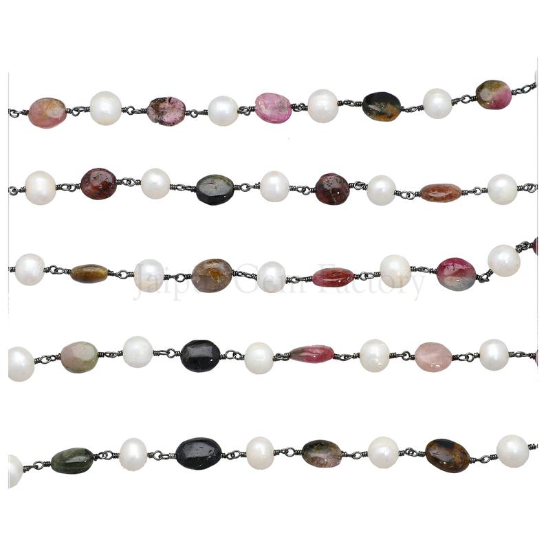 Fresh Water Pearl & Multi Color Tourmaline Faceted Rondelle Brass Black Oxidized Plated Wire Wrapped Chain Sold by Foot