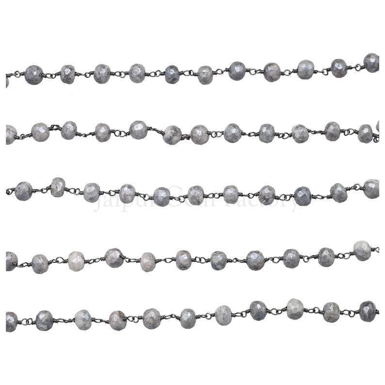 Mystic Coated Silverite Corundum Faceted Rondelle Brass Black Oxidized Plated Wire Wrapped Chain Sold by Foot