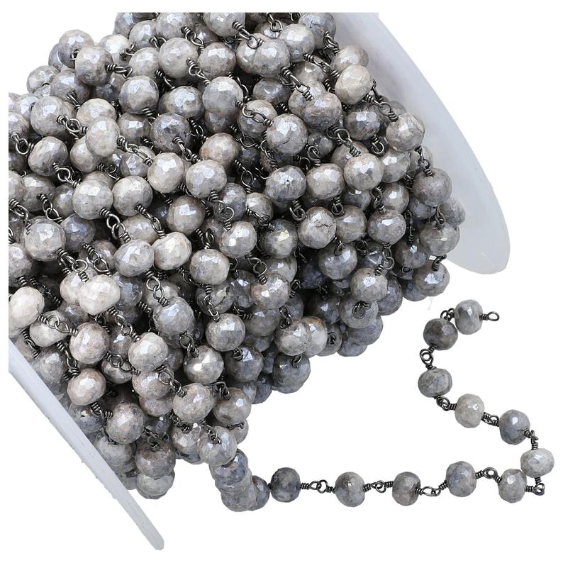 Mystic Coated Silverite Corundum Faceted Rondelle Brass Black Oxidized Plated Wire Wrapped Chain Sold by Foot