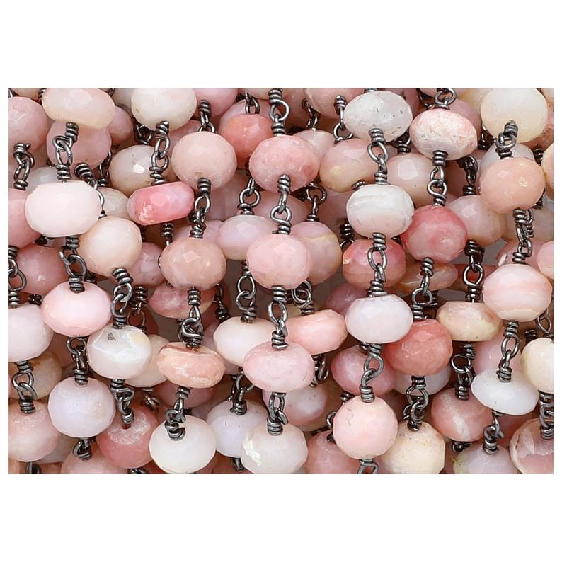Pink Opal Faceted Rondelle Brass Black Oxidized Plated Wire Wrapped Chain Sold by Foot