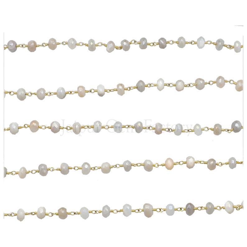 Peach Gray White Moonstone Faceted Rondelle Brass Gold Plated Wire Wrapped Chain Sold by Foot
