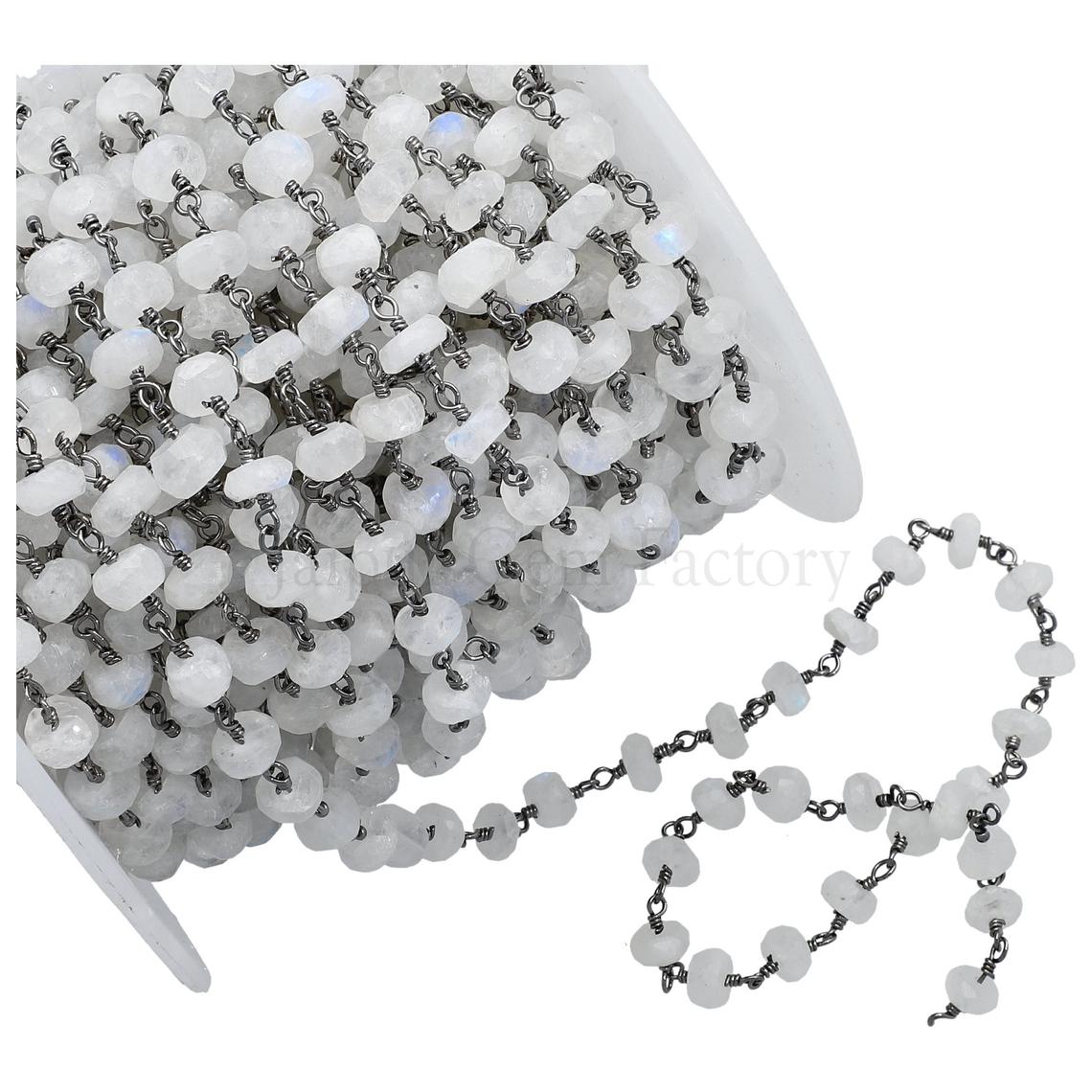 Rainbow Moonstone Faceted Rondelle Brass Black Oxidized Plated Wire Wrapped Chain Sold by Foot