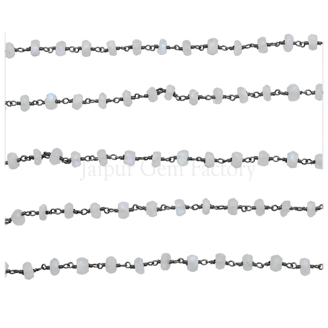 Rainbow Moonstone Faceted Rondelle Brass Black Oxidized Plated Wire Wrapped Chain Sold by Foot