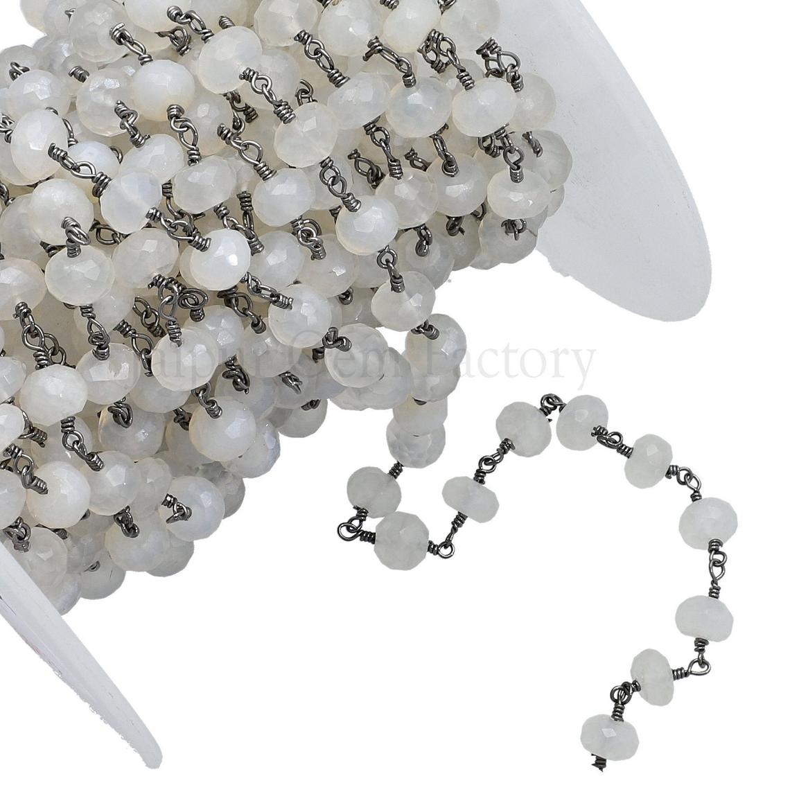 White Chalcedony Faceted Rondelle Brass Black Oxidized Plated Wire Wrapped Chain Sold by Foot