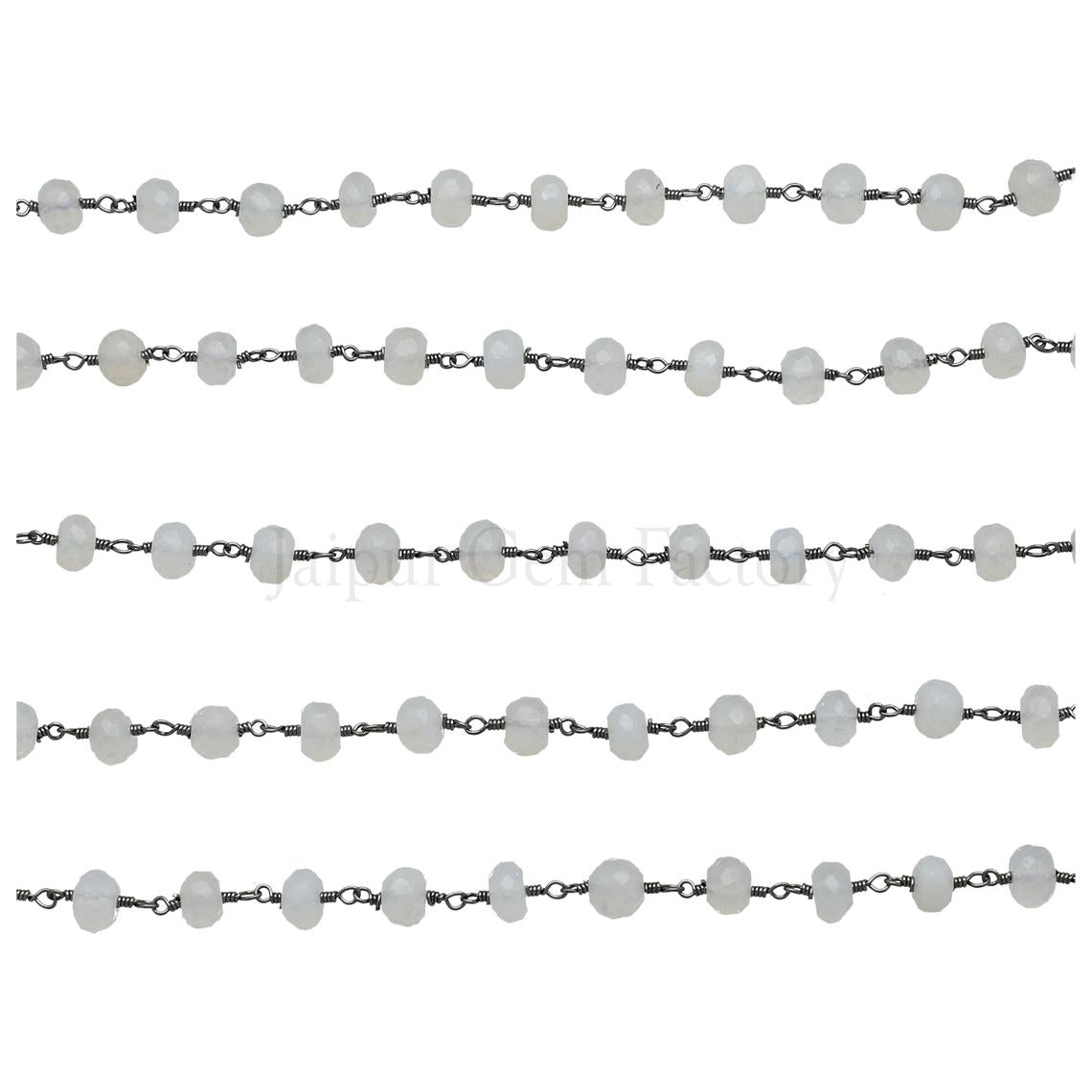 White Chalcedony Faceted Rondelle Brass Black Oxidized Plated Wire Wrapped Chain Sold by Foot