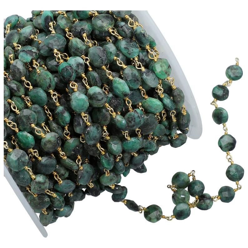 Raw Emerald Faceted Coin Brass Gold Plated Wire Wrapped Chain Sold by Foot