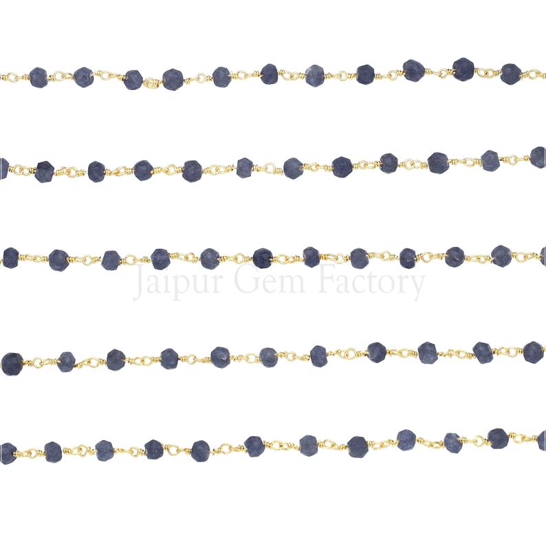 Blue Quartz Beaded Faceted Rondelle Brass Gold Plated Wire Wrapped Chain Sold by Foot