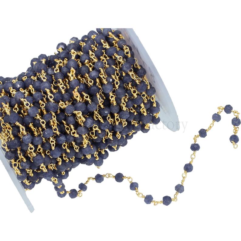 Blue Quartz Beaded Faceted Rondelle Brass Gold Plated Wire Wrapped Chain Sold by Foot