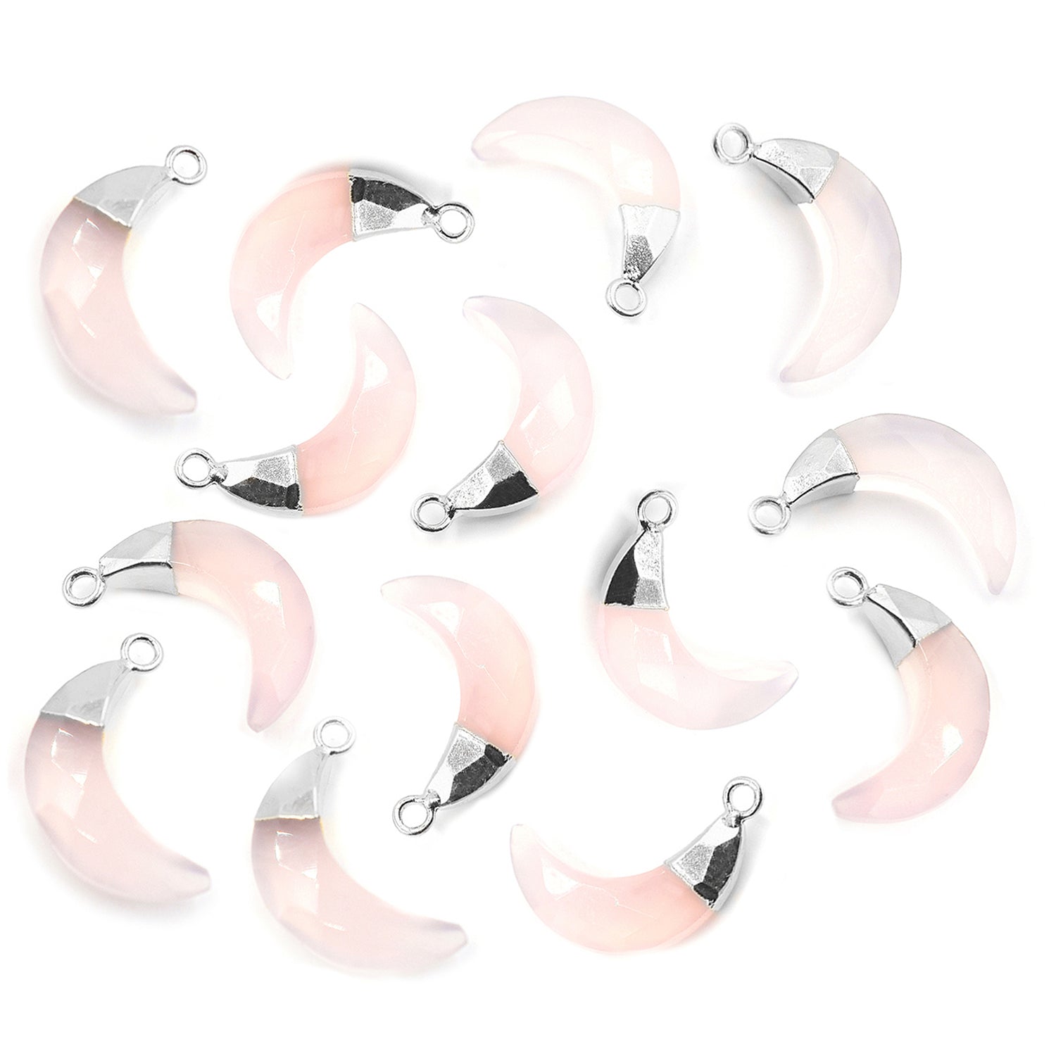 Rose Quartz Moon Shape 12 x 5 MM Silver Electroplated Pendant (Set Of 2 Pcs)