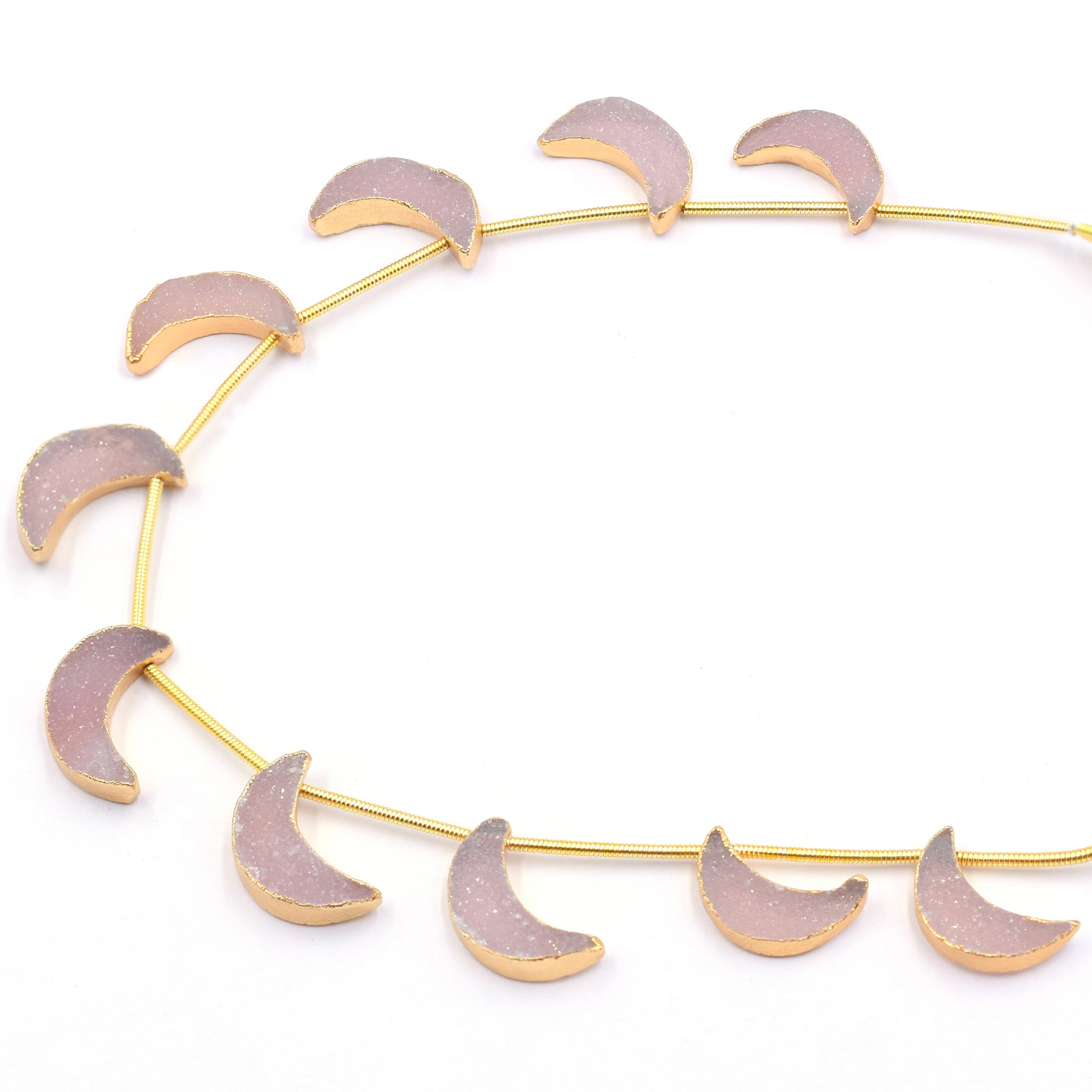 Pink Druzy Moon Shape 16 X 9 MM Side Drilled Gold Electroplated Strand