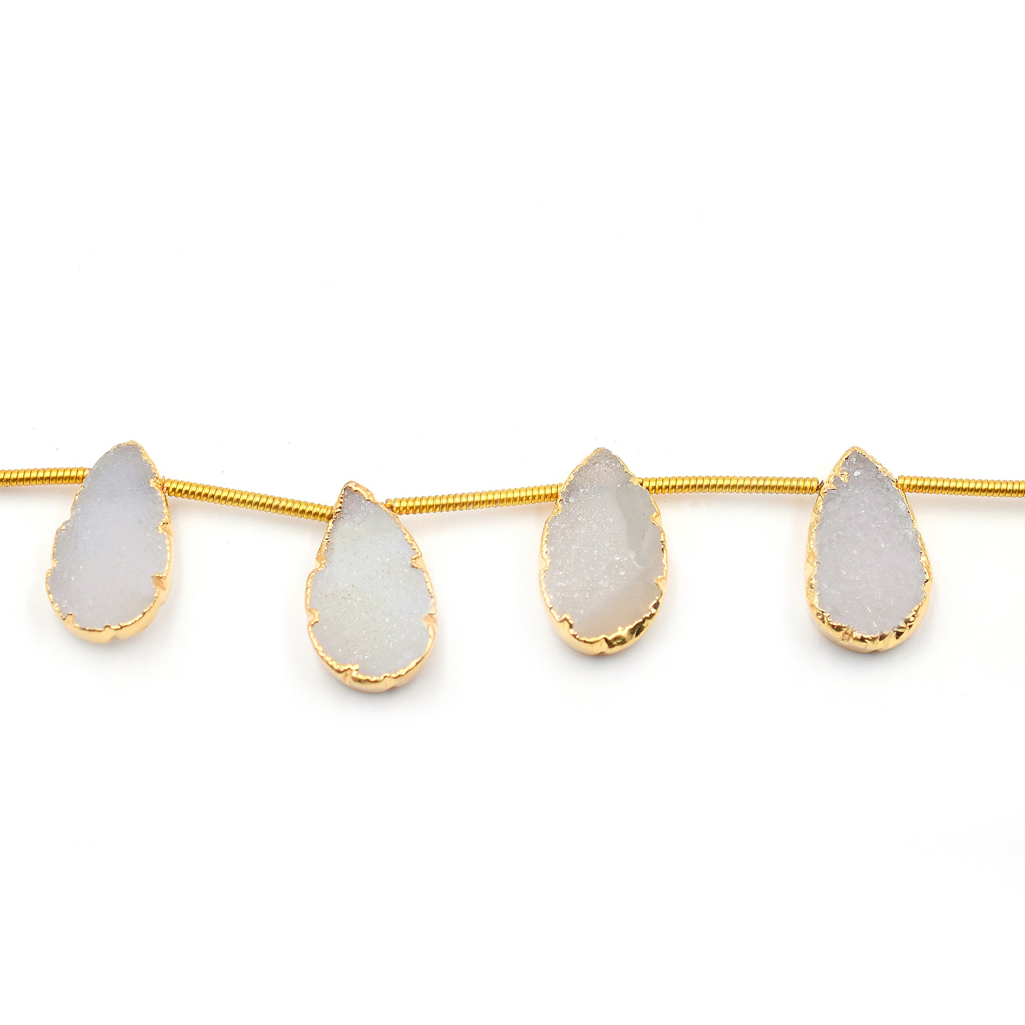 White Druzy Pear Shape 12x7 MM Side Drilled Gold Electroplated Strand
