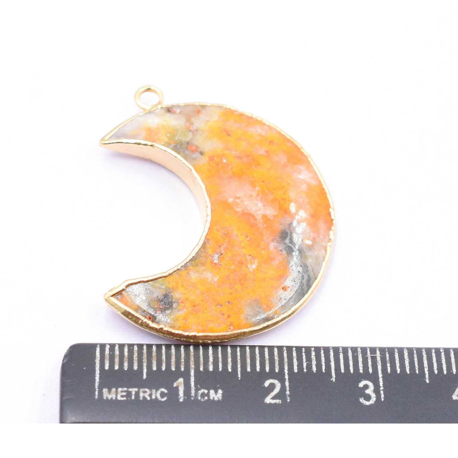Vibrant Bumble Bee Jasper moon shaped pendant with gold detailing