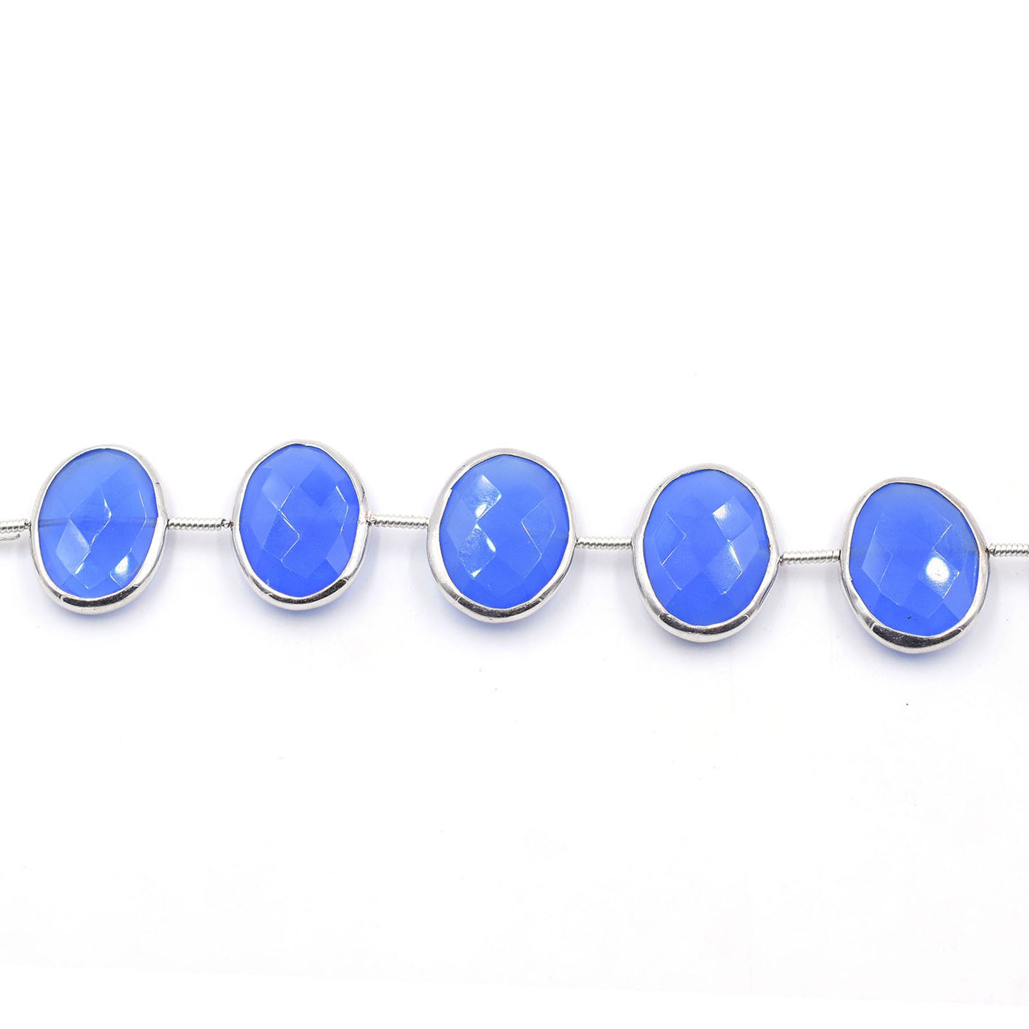 Silver plated blue chalcedony oval-shaped jewelry strand