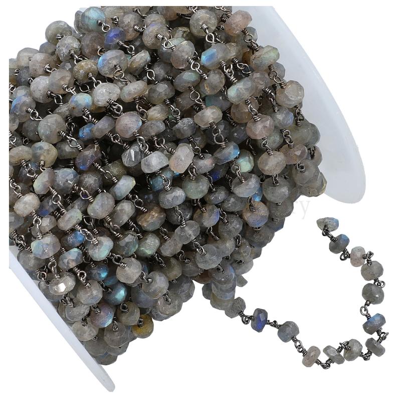 Black Oxidized Brass Labradorite Wire Wrapped Chain