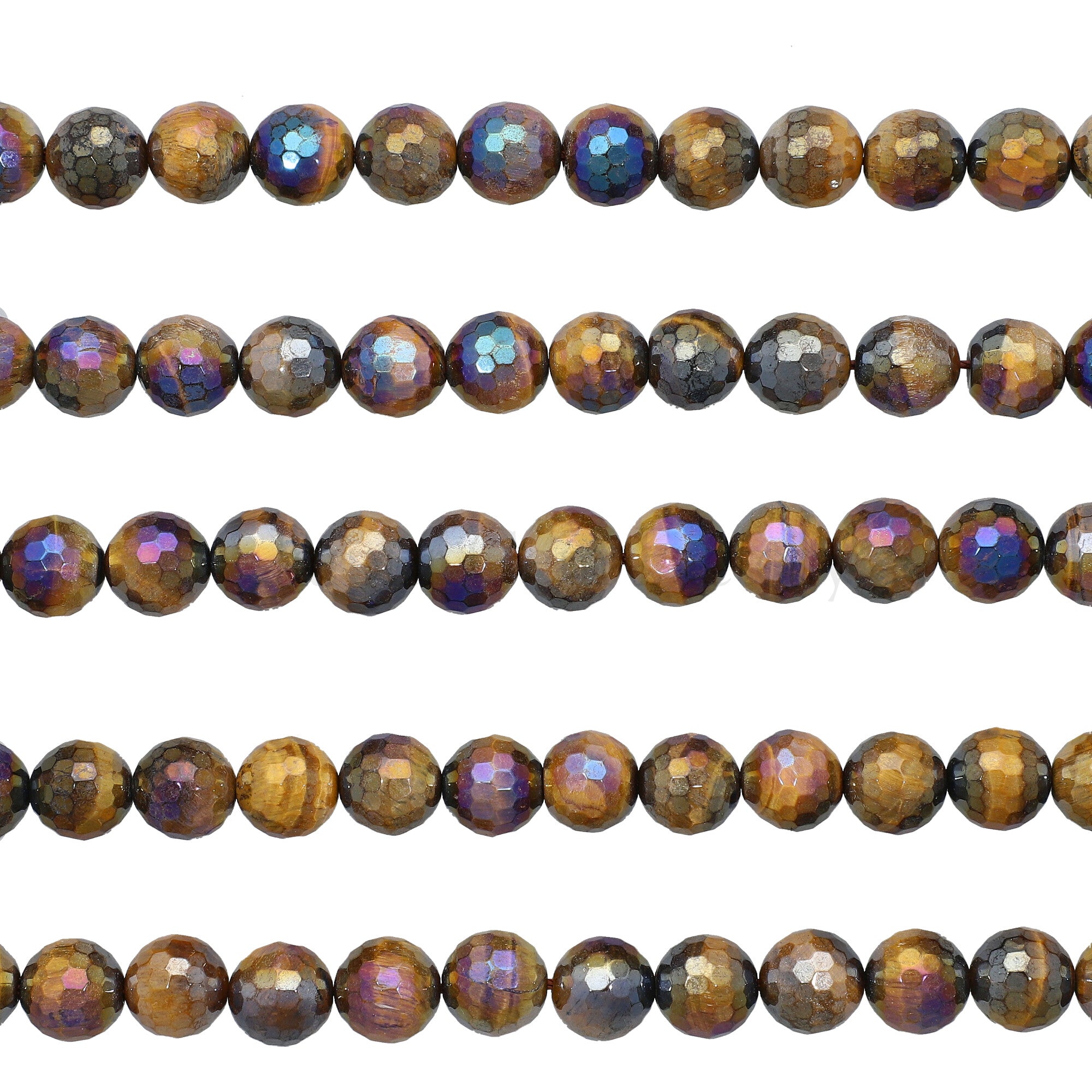 10 MM Mystic Coated Tiger Eye Faceted Round Beads 15 Inches Strand