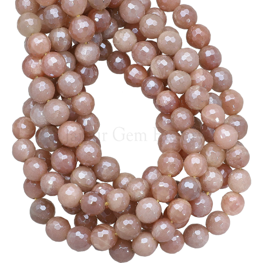 Mystic Coated Peach Moonstone Faceted Round Beads 8mm 14 Inch Strand