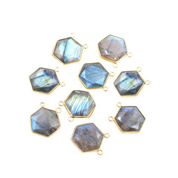 Labradorite hexagon-shaped gemstone in silver vermeil bezel