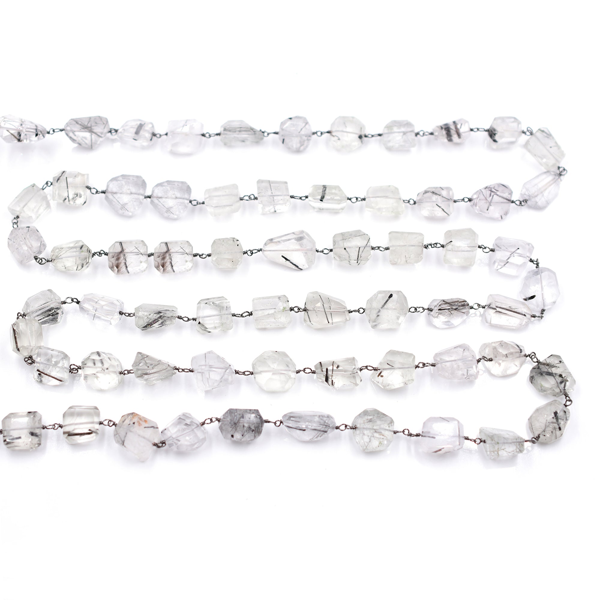 Black Rutilated Quartz Faceted Nuggets Brass Black Oxidized Plated Wire Wrapped Chain Sold by Foot