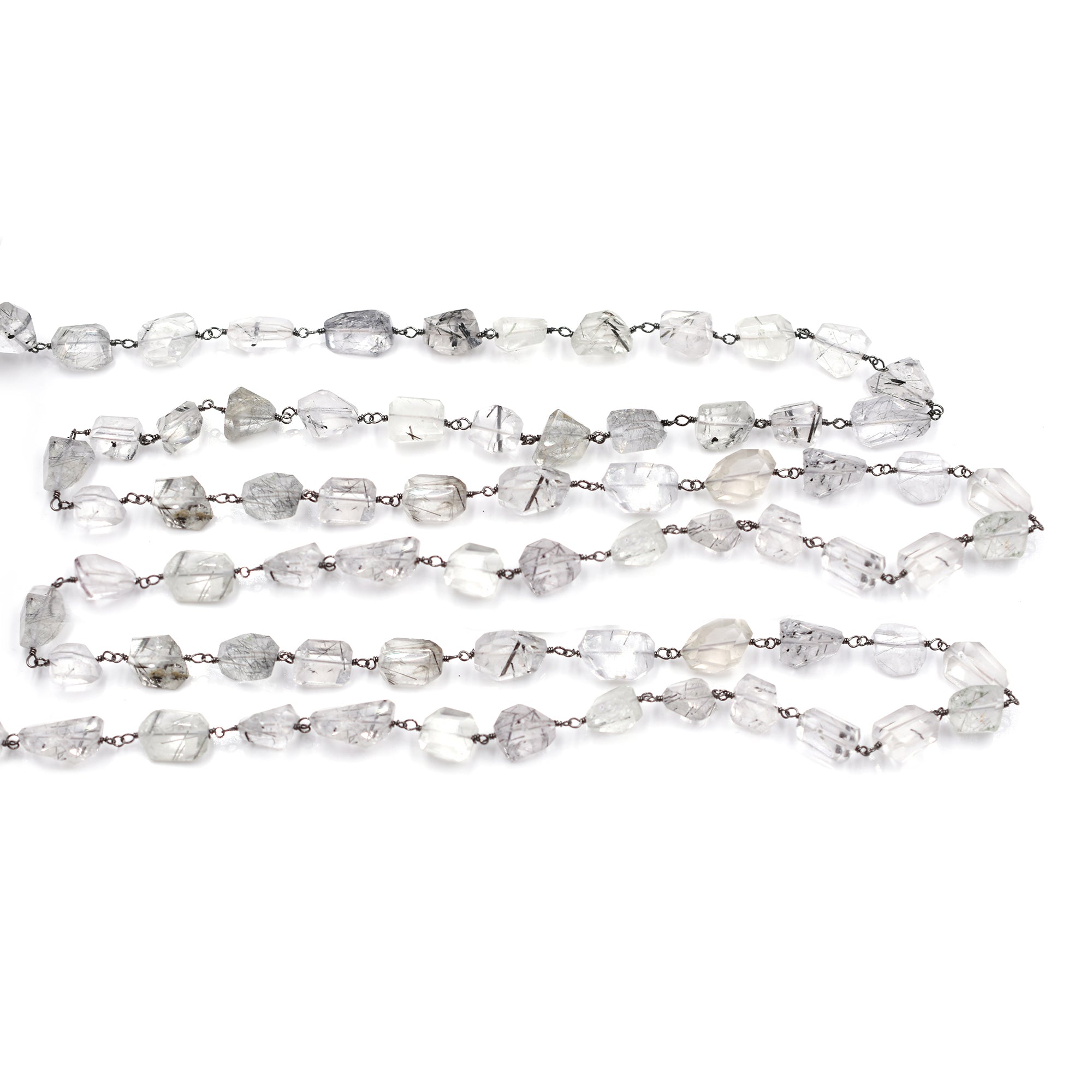 Black Rutilated Quartz Faceted Nuggets Brass Black Oxidized Plated Wire Wrapped Chain Sold by Foot