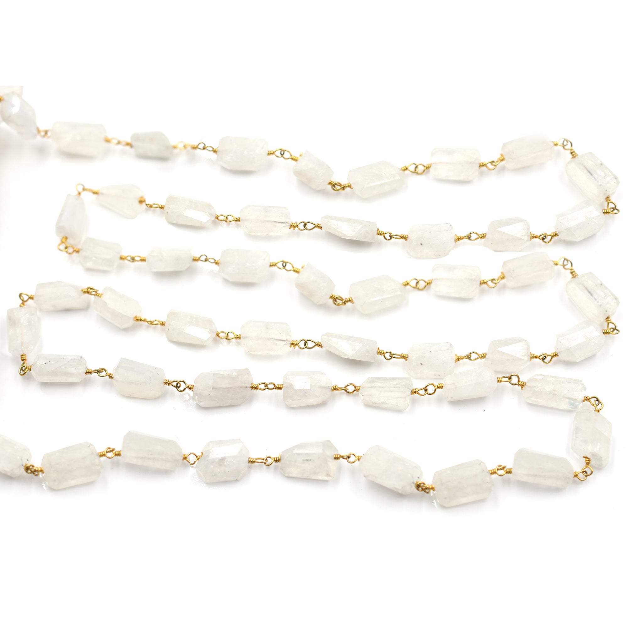 Rainbow Moonstone Faceted Nuggets Brass Gold Plated Wire Wrapped Chain Sold by Foot