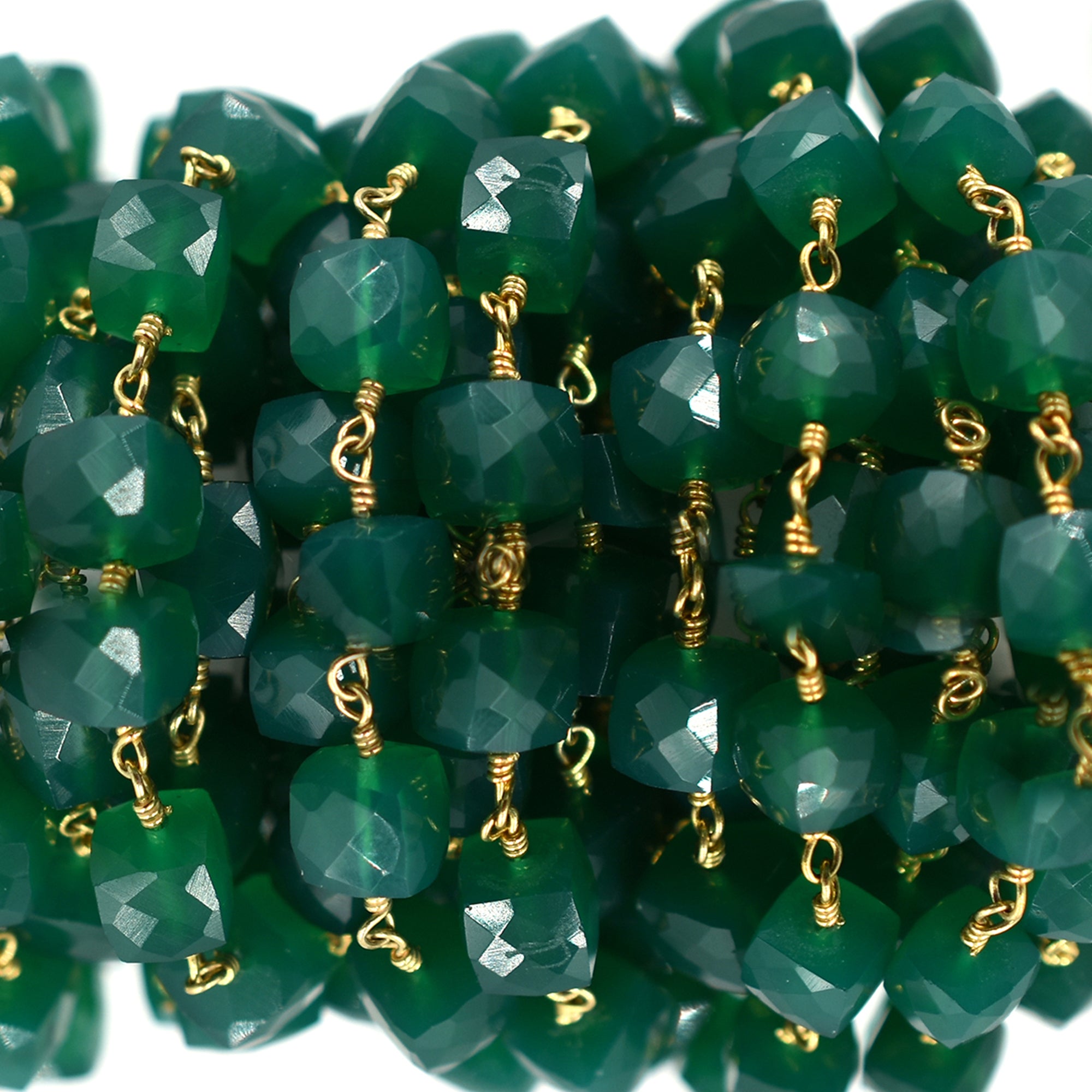Green Onyx Faceted Cube Brass Gold Plated Wire Wrapped Chain Sold by Foot