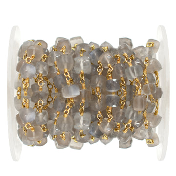 Gray Moonstone Faceted Cube Brass Gold Plated Wire Wrapped Chain Sold by Foot