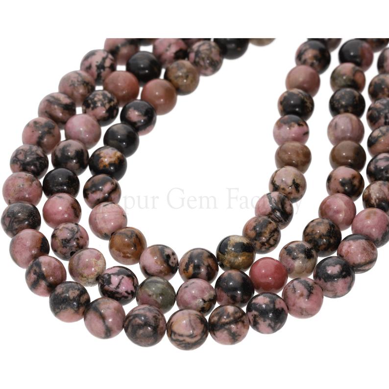 10 MM Black Veined Rhodonite Smooth Round Shape Beads Strand