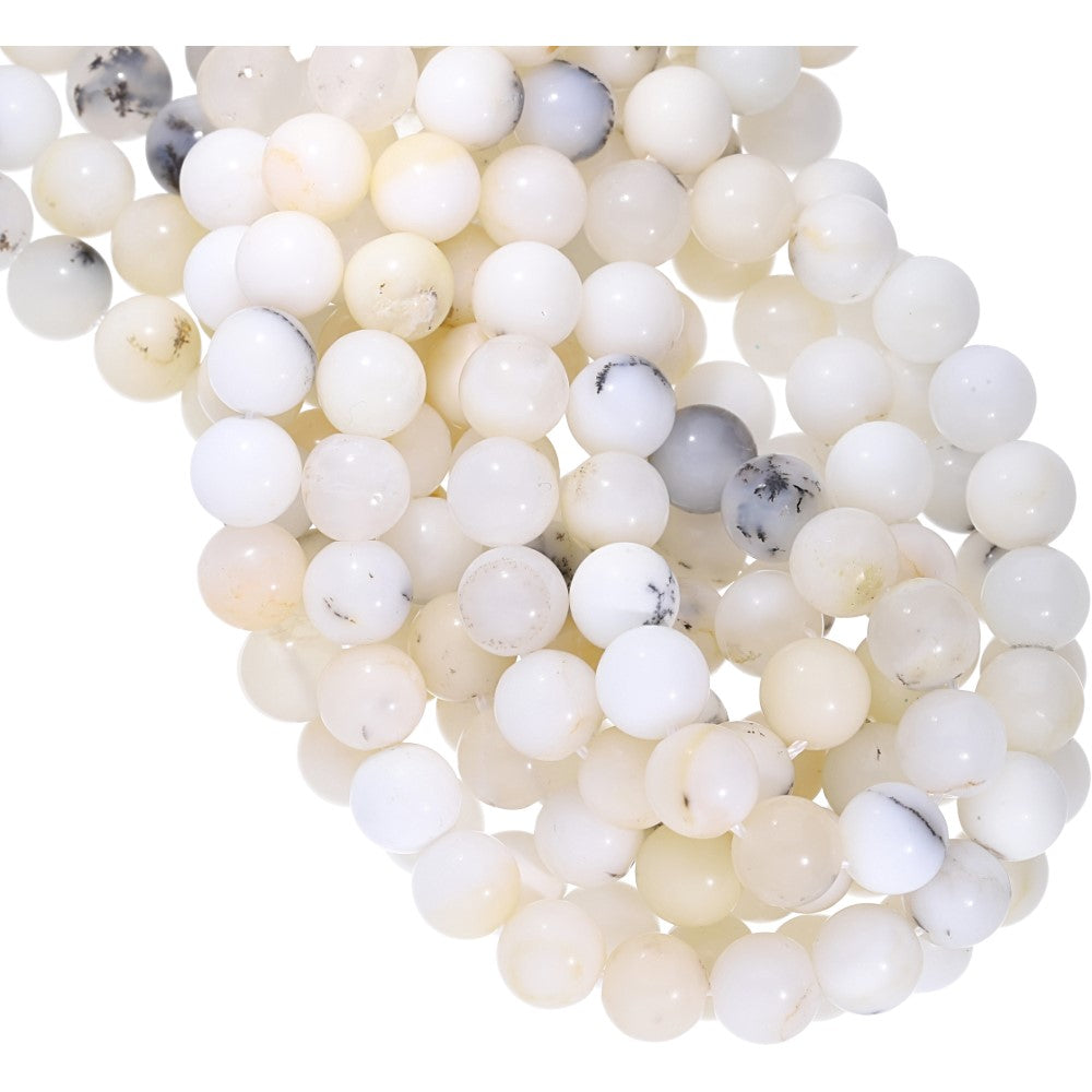 Milky White Dendritic Opal Smooth Round Shape Beads Strand