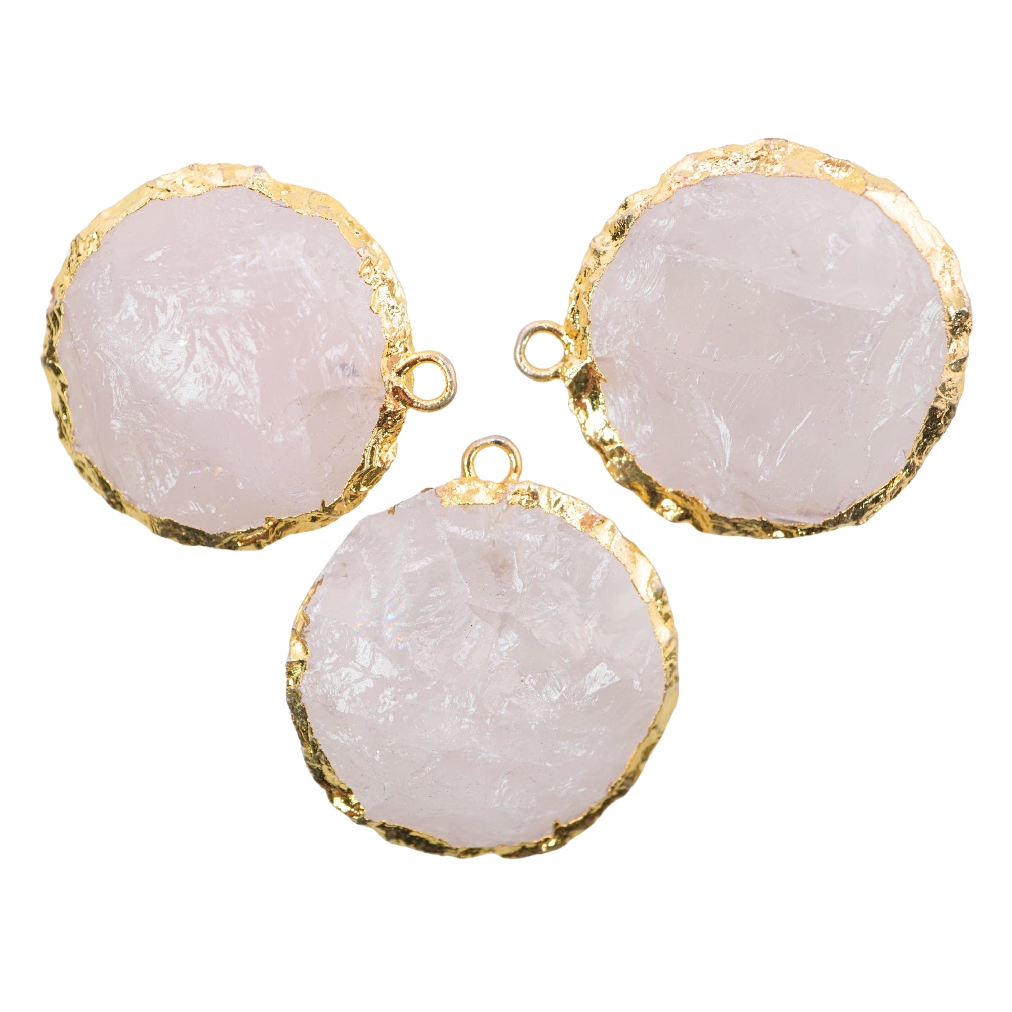 Rose Quartz Hand knapped Round Disc Gemstone Gold Electroplated Charm Pendant