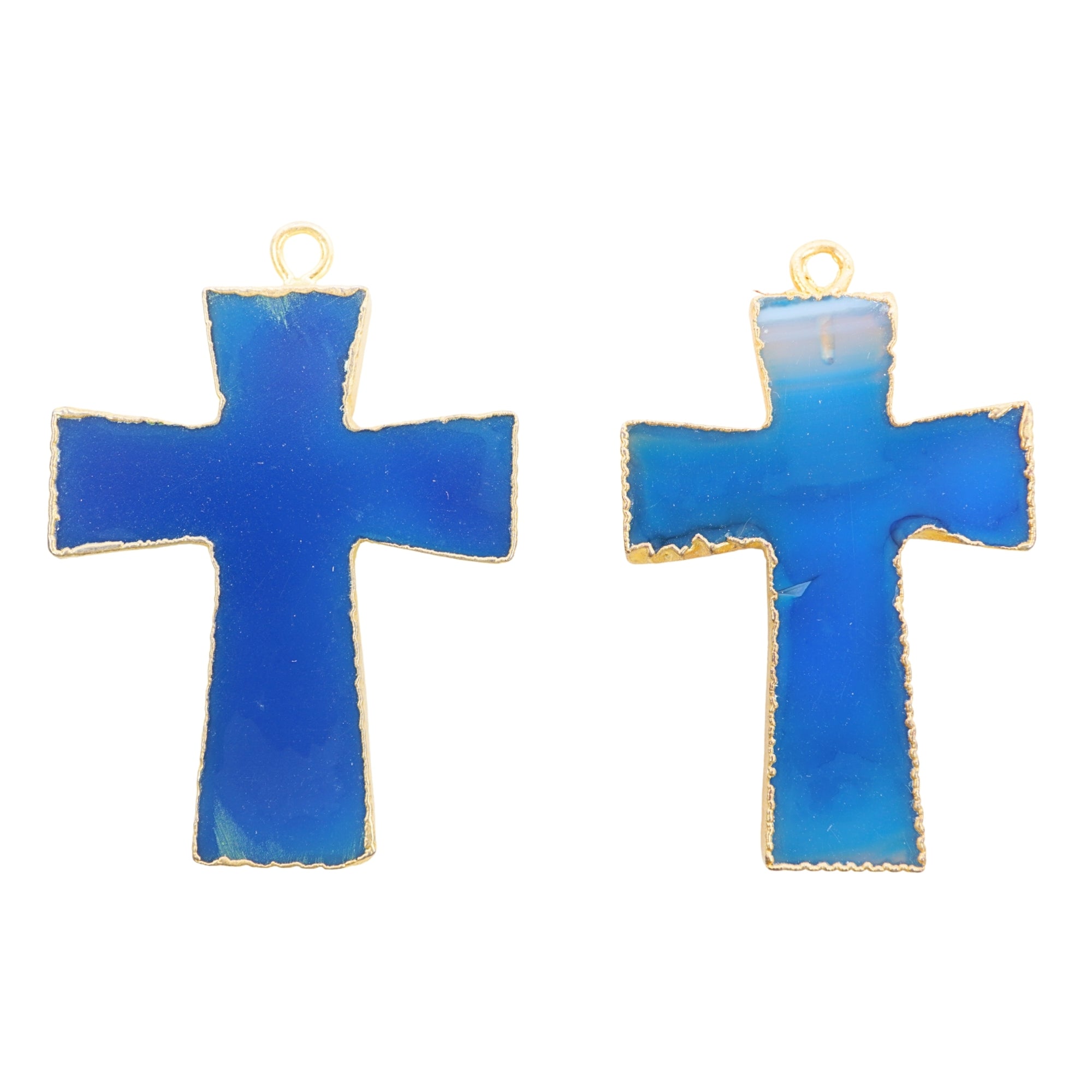 Blue Banded Agate Chalcedony Cross Shape Gold Electroplate Charm Pendant 