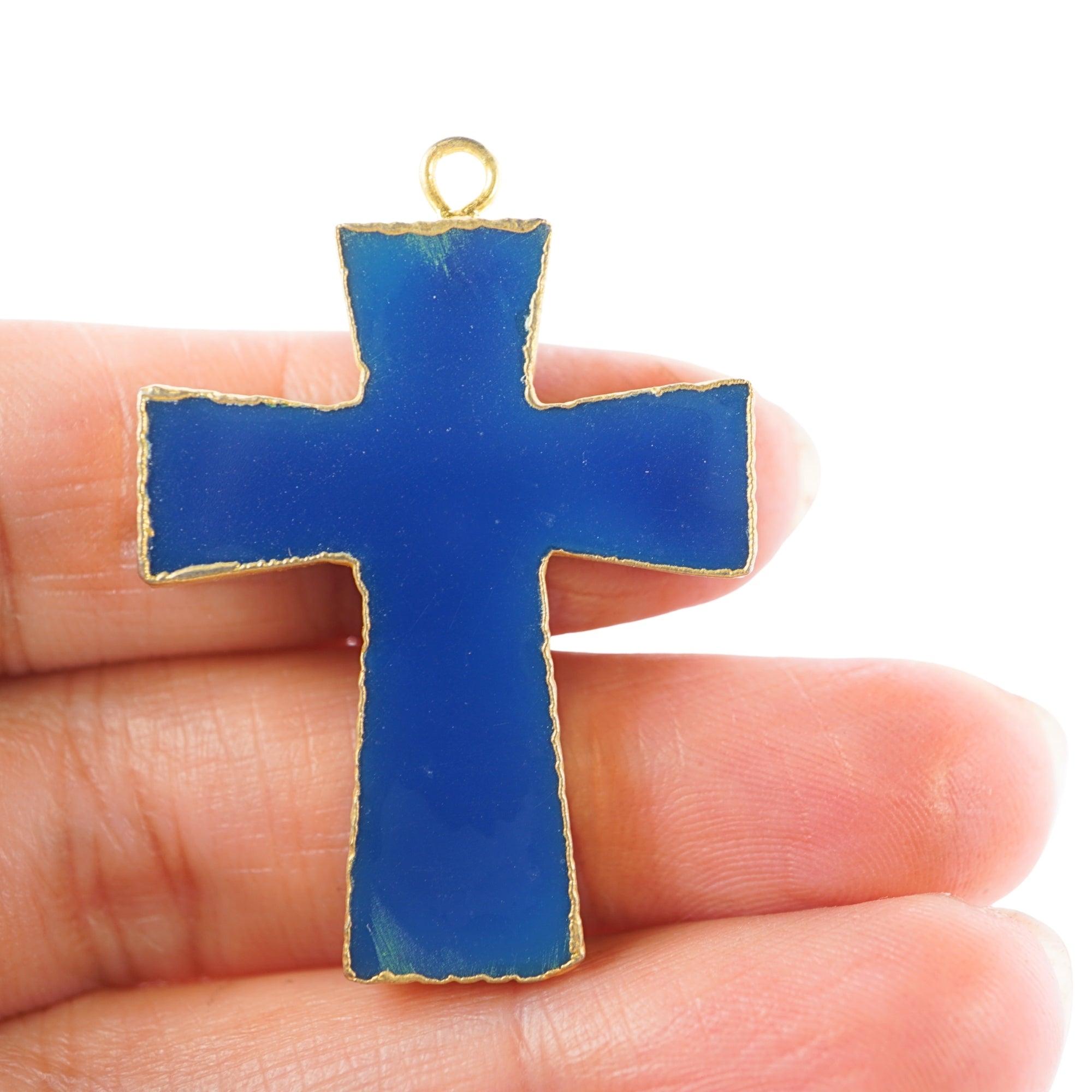 Blue Banded Agate Chalcedony Cross Shape Gold Electroplate Charm Pendant 