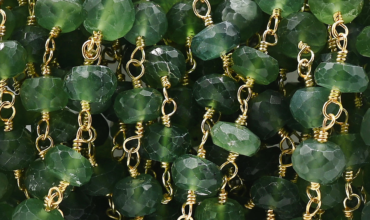 Green Serpentine Faceted Rondelle Brass Gold Plated Wire Wrapped Chain Sold by Foot