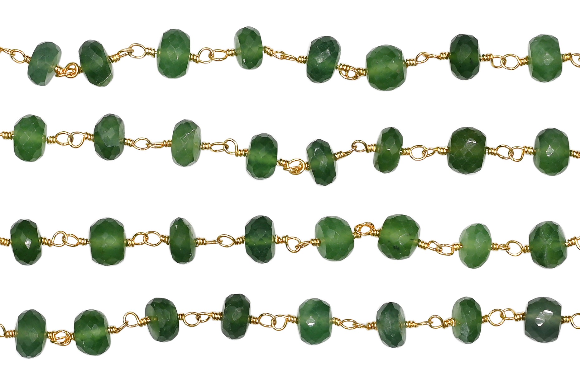 Green Serpentine Faceted Rondelle Brass Gold Plated Wire Wrapped Chain Sold by Foot