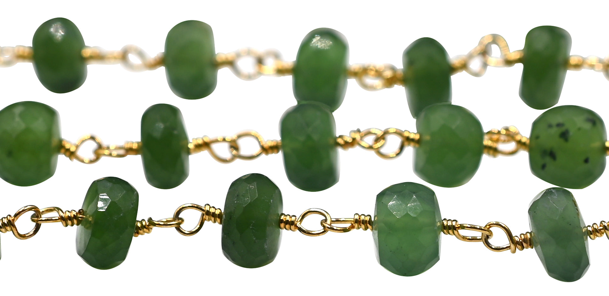 Green Serpentine Faceted Rondelle Brass Gold Plated Wire Wrapped Chain Sold by Foot