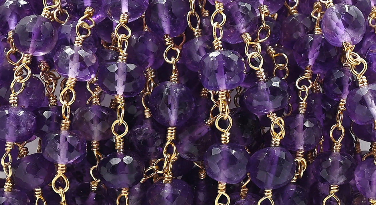 Amethyst Faceted Rondelle Brass Gold Plated Wire Wrapped Chain Sold by Foot