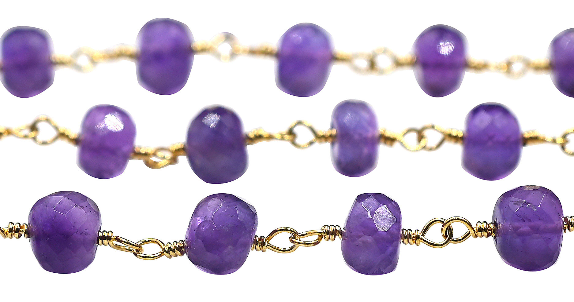 Amethyst Faceted Rondelle Brass Gold Plated Wire Wrapped Chain Sold by Foot