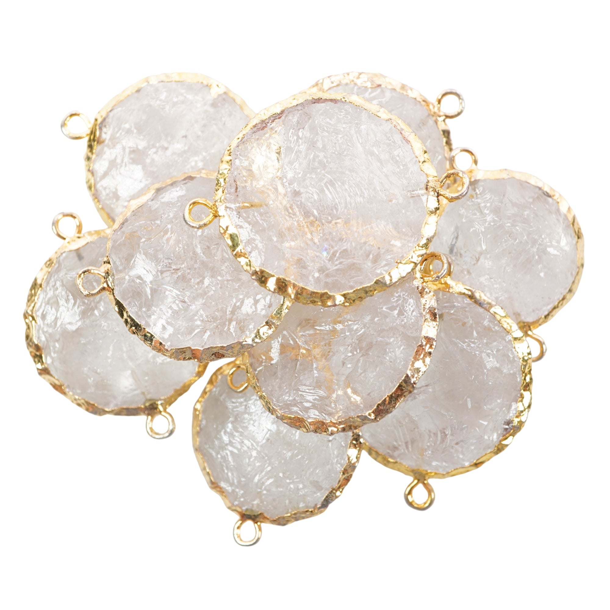 Crystal Quartz Hand knapped Round Big Disc Gemstone Gold Electroplated Charm Connector