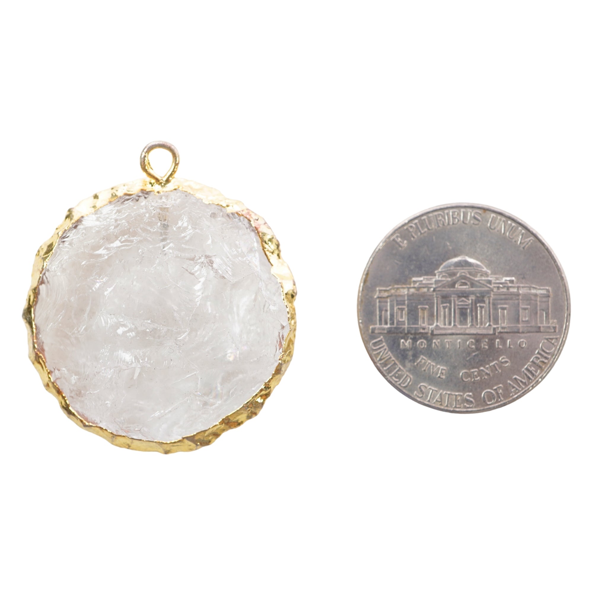 Crystal Quartz Hand knapped Round Big Disc Shape Gemstone Gold Electroplated Charm Pendant