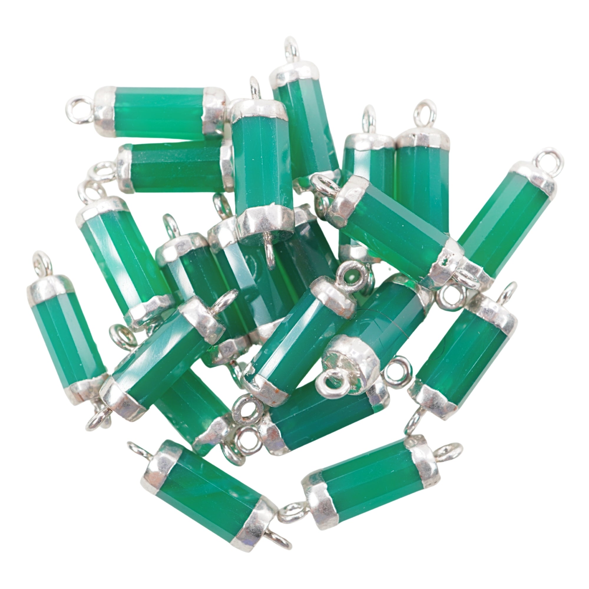 Green Onyx Cylinder Shape Gemstone Silver Electroplated Charm Connector