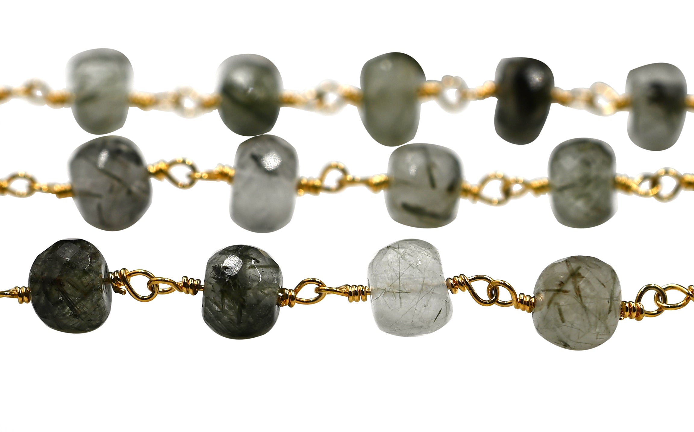 Green Rutilated Quartz Faceted Rondelle Brass Gold Plated Wire Wrapped Chain Sold by Foot