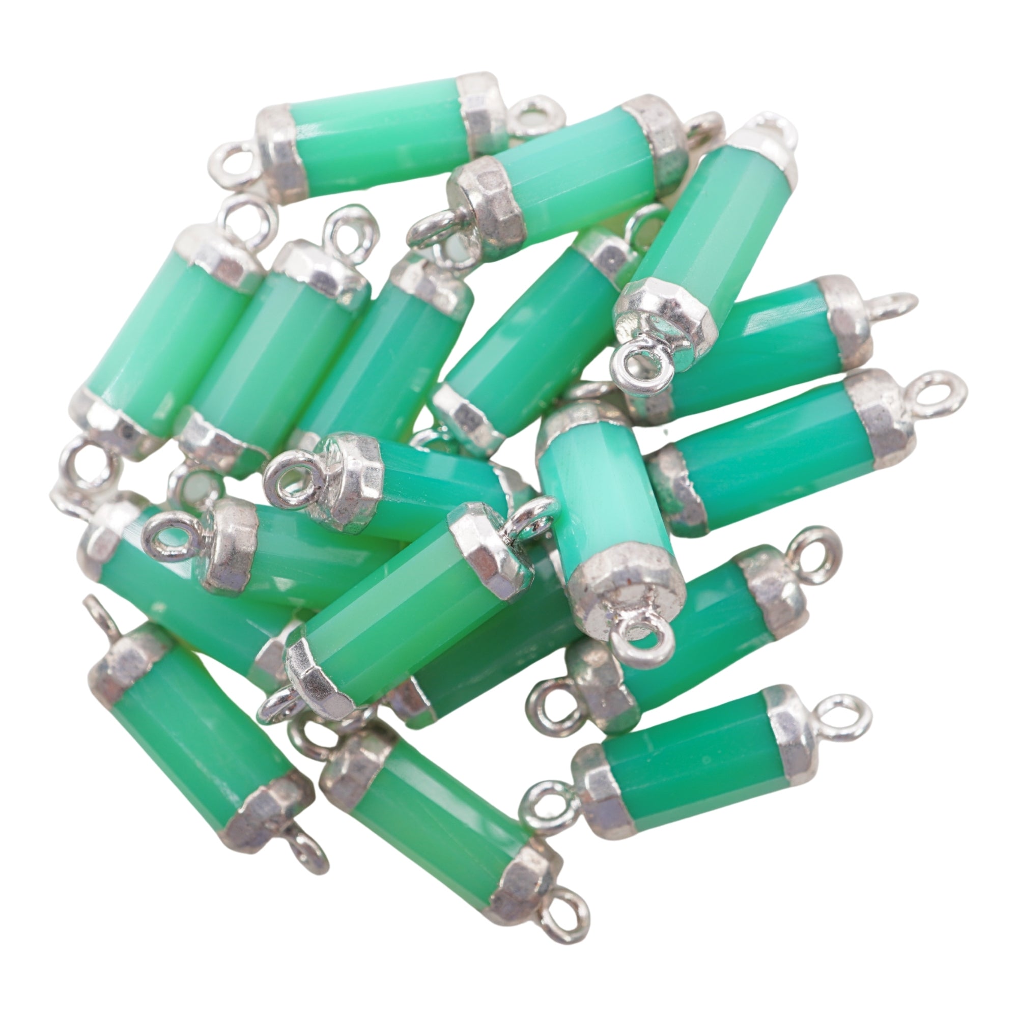 Chrysoprase Chalcedony Gemstone Barrel Shape Silver Electroplated Charm Connector