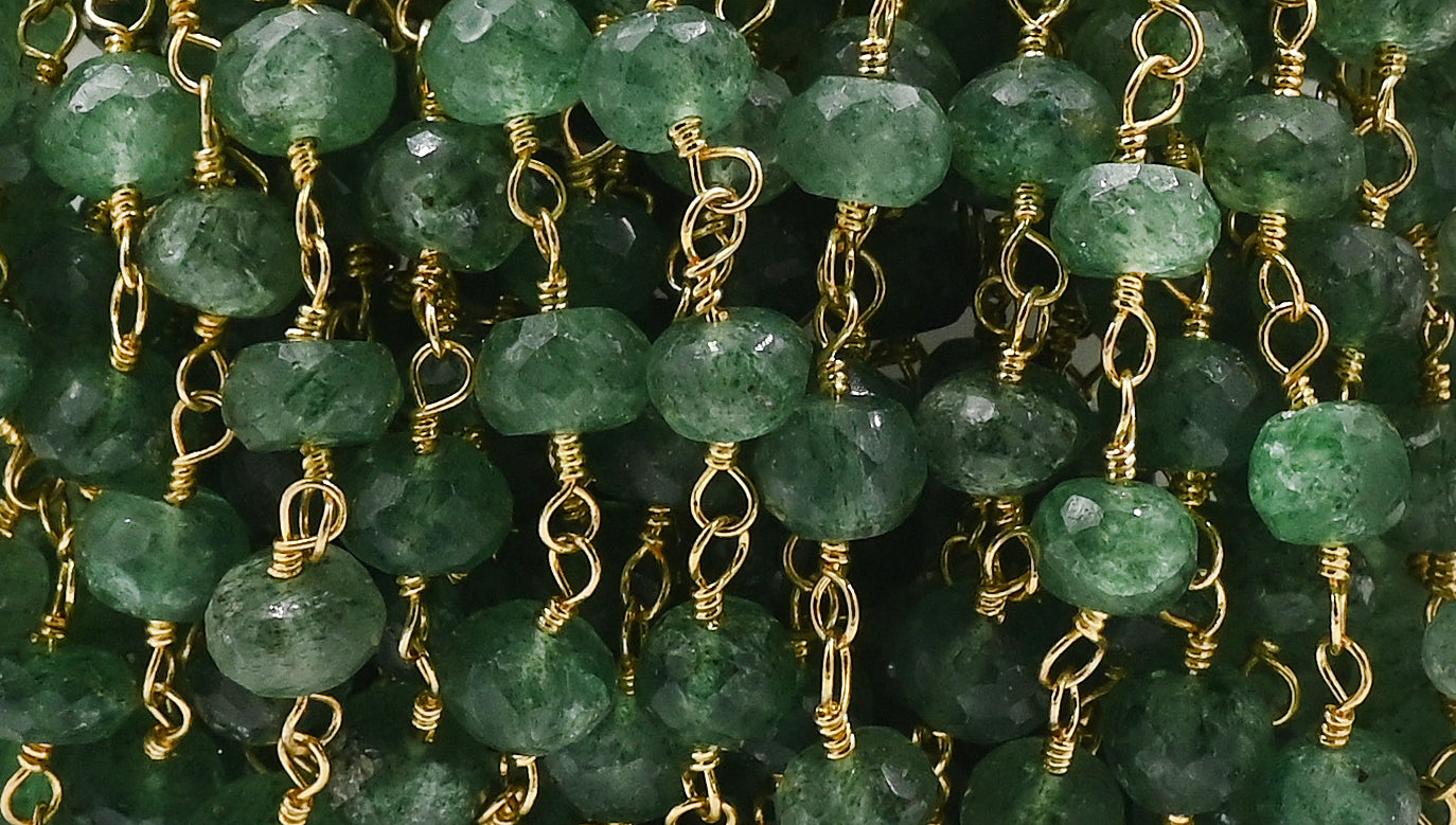 Green Strawberry Quartz Faceted Rondelle Brass Gold Plated Wire Wrapped Chain Sold by Foot