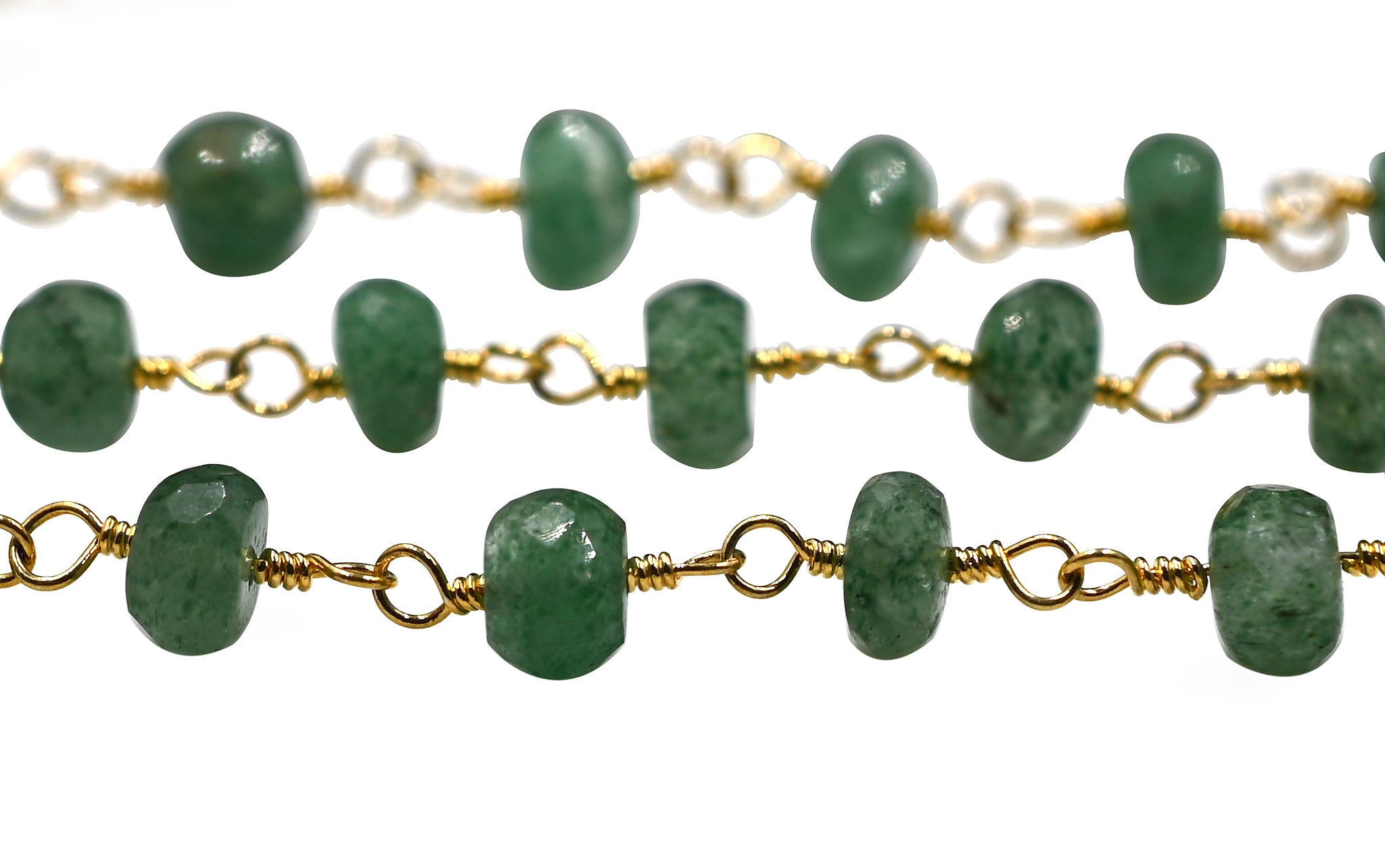 Green Strawberry Quartz Faceted Rondelle Brass Gold Plated Wire Wrapped Chain Sold by Foot