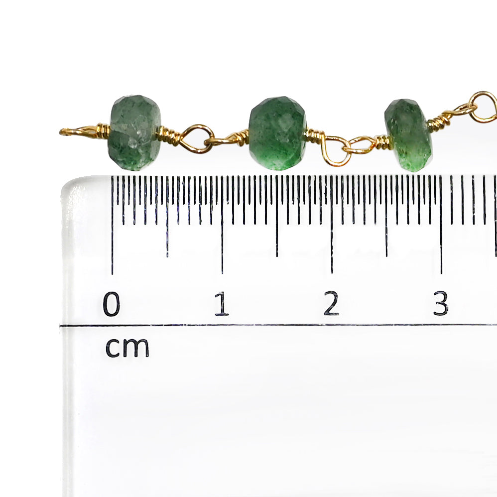 Green Strawberry Quartz Faceted Rondelle Brass Gold Plated Wire Wrapped Chain Sold by Foot