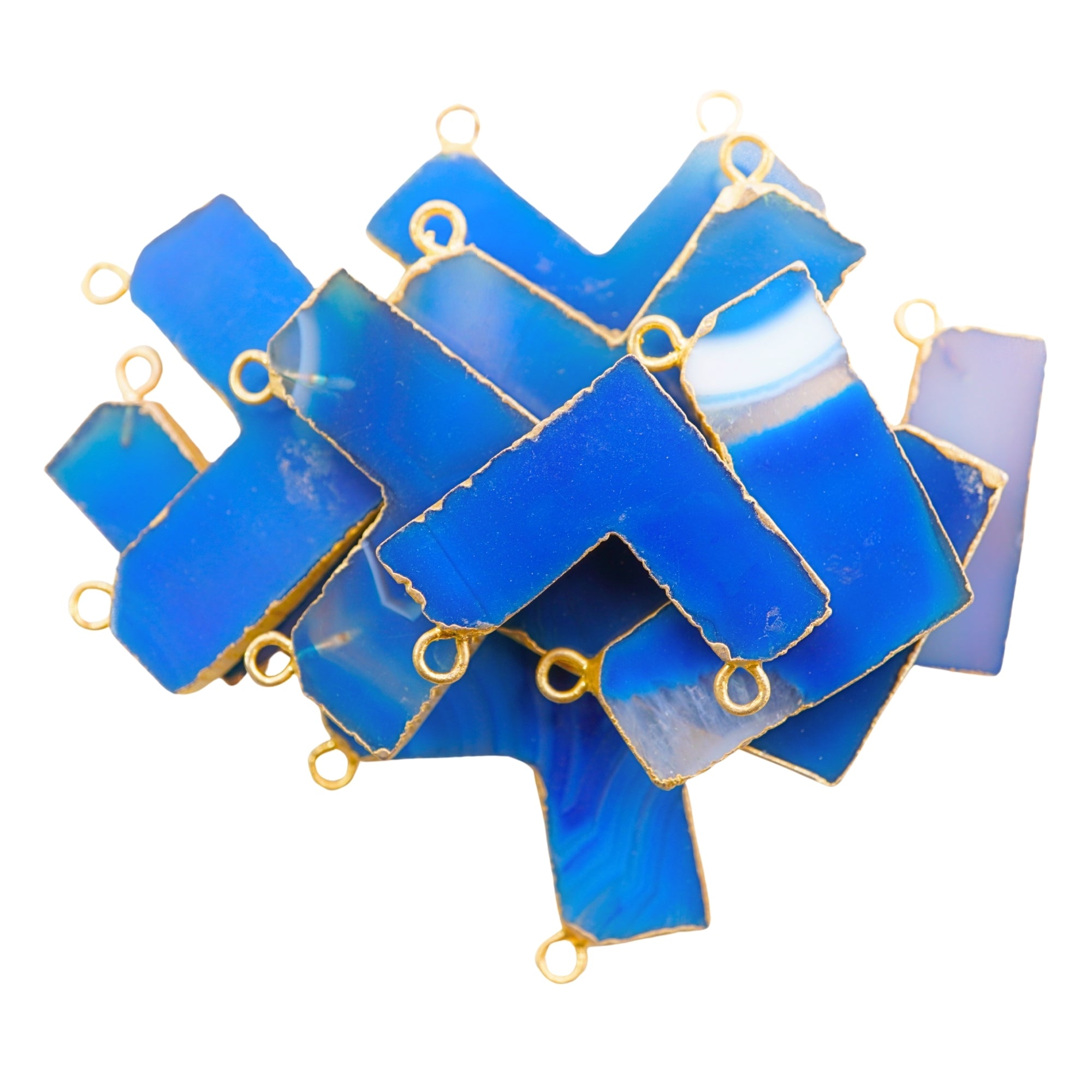 Blue Banded Agate Chalcedony Chevron Shape Gemstone Gold Electroplated Charm Pendant 