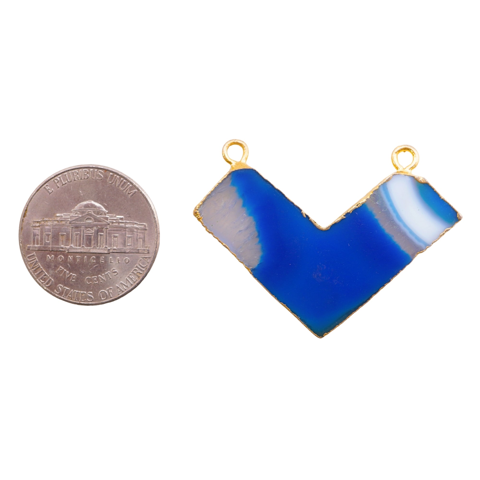 Blue Banded Agate Chalcedony Chevron Shape Gemstone Gold Electroplated Charm Pendant 