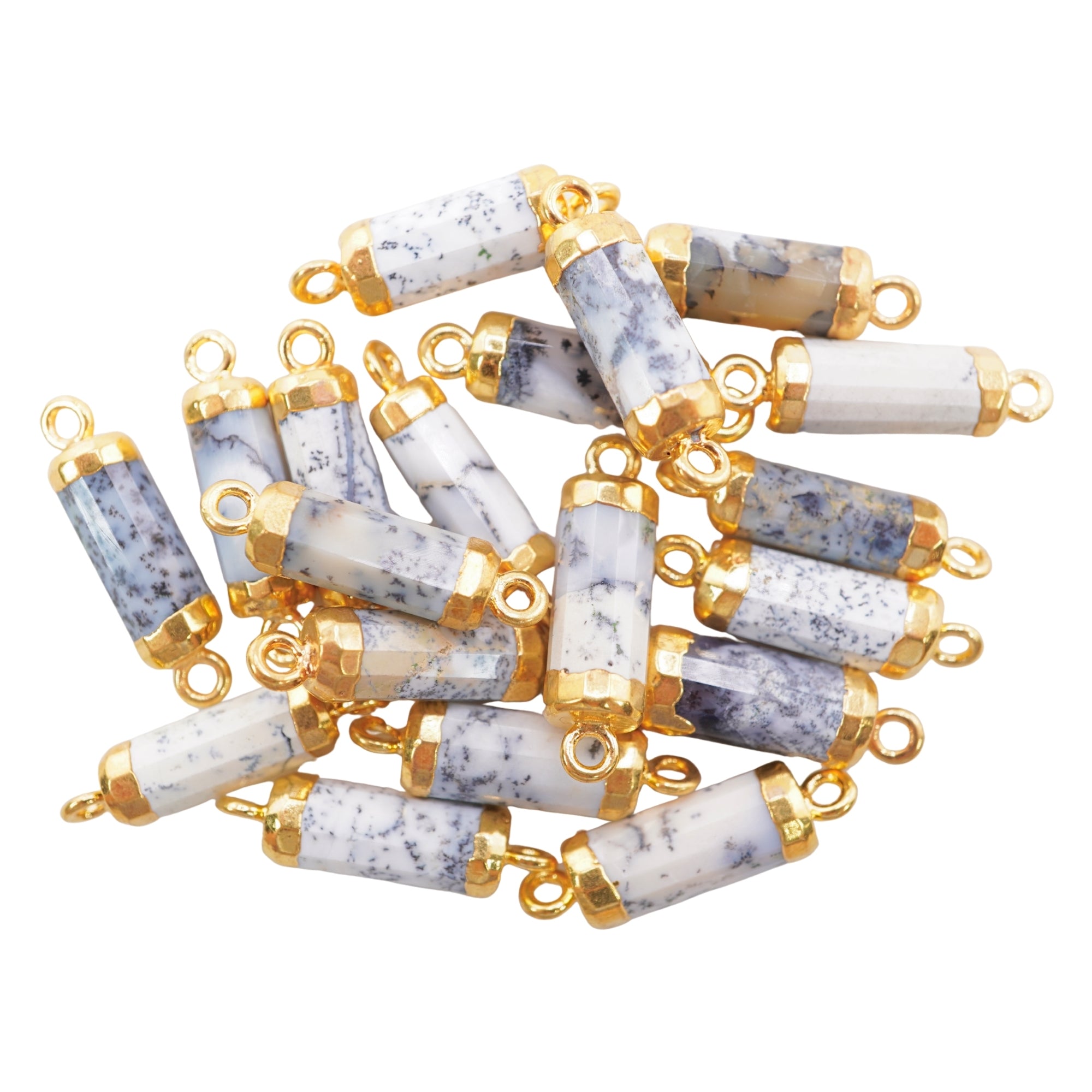 Dendrite Opal Barrel Shape Gemstone Gold Electroplated Charm Connector