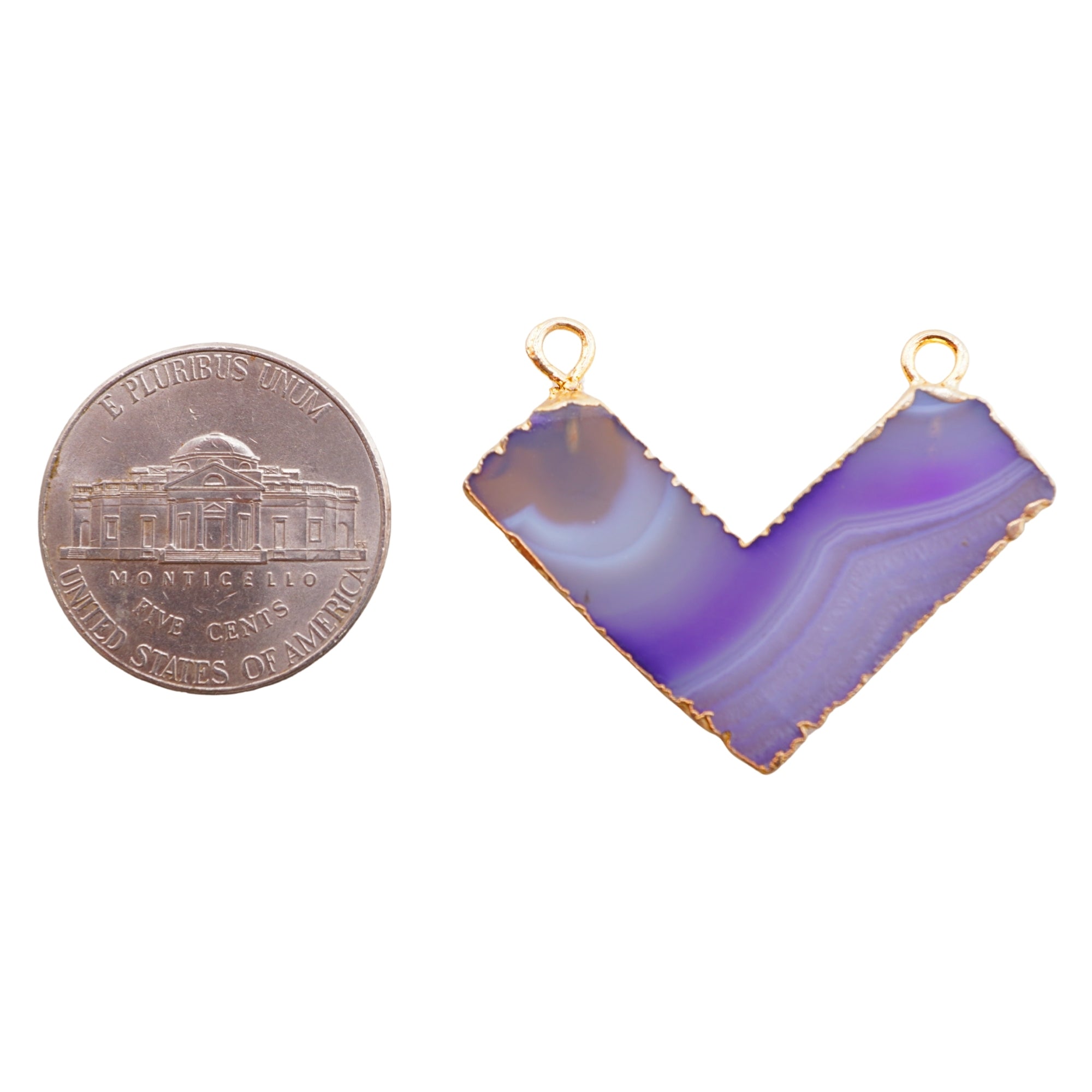 Purple Banded Agate Chevron Shape Gemstone Gold Electroplated Charm Pendant