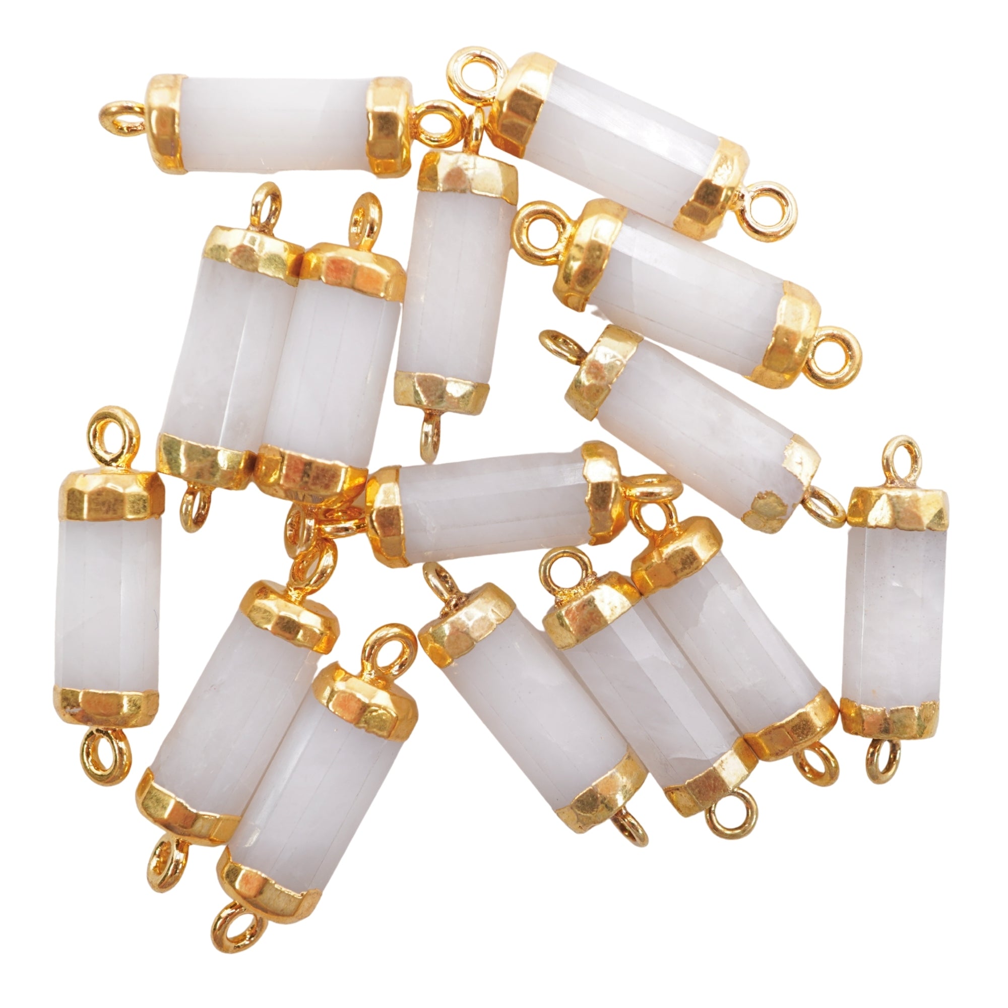 White Aventurine Barrel Shape Gemstone Gold Electroplated Charm Connector
