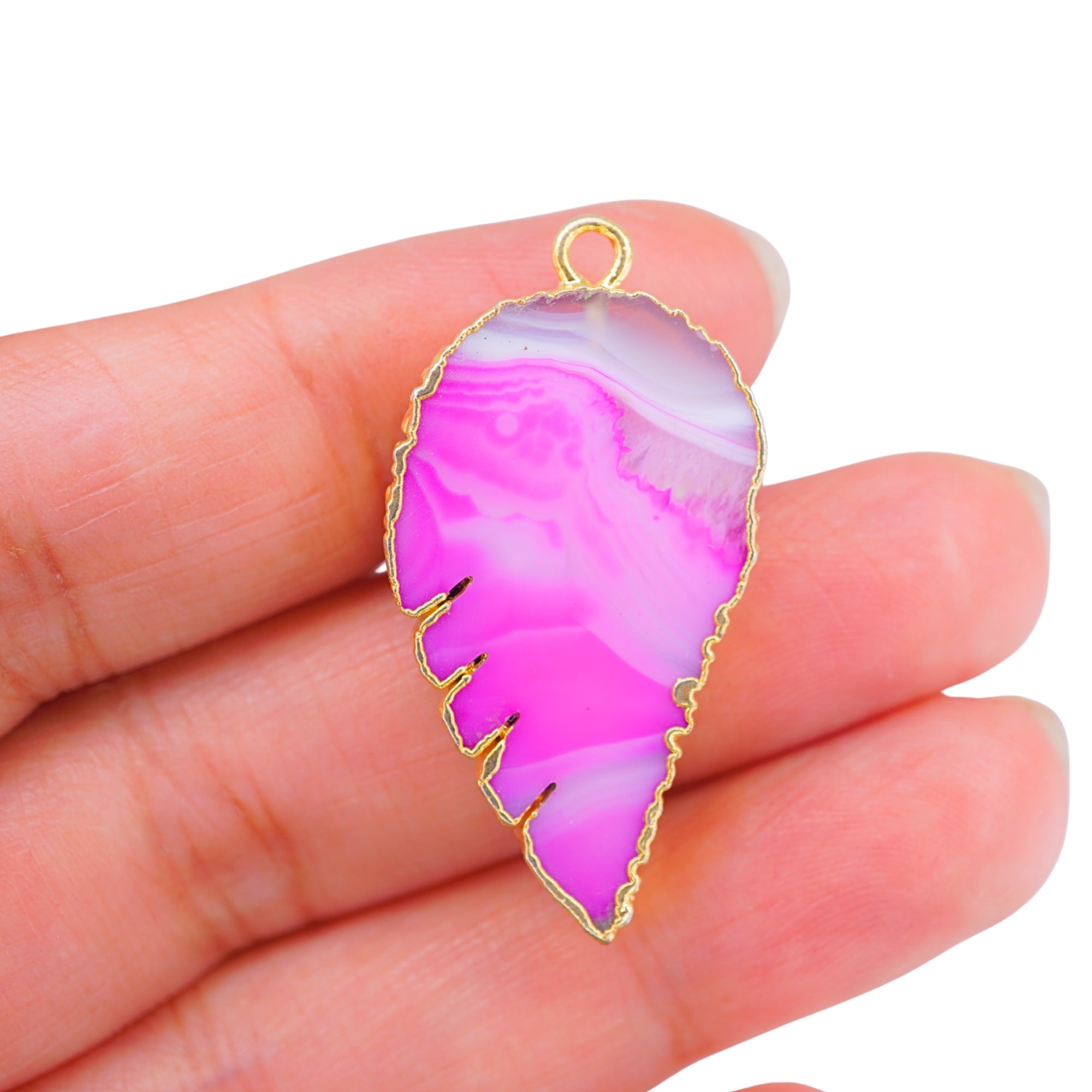 Pink Banded Agate Chalcedony Angel Wing Shape Gemstone Gold Electroplated Charm Pendant
